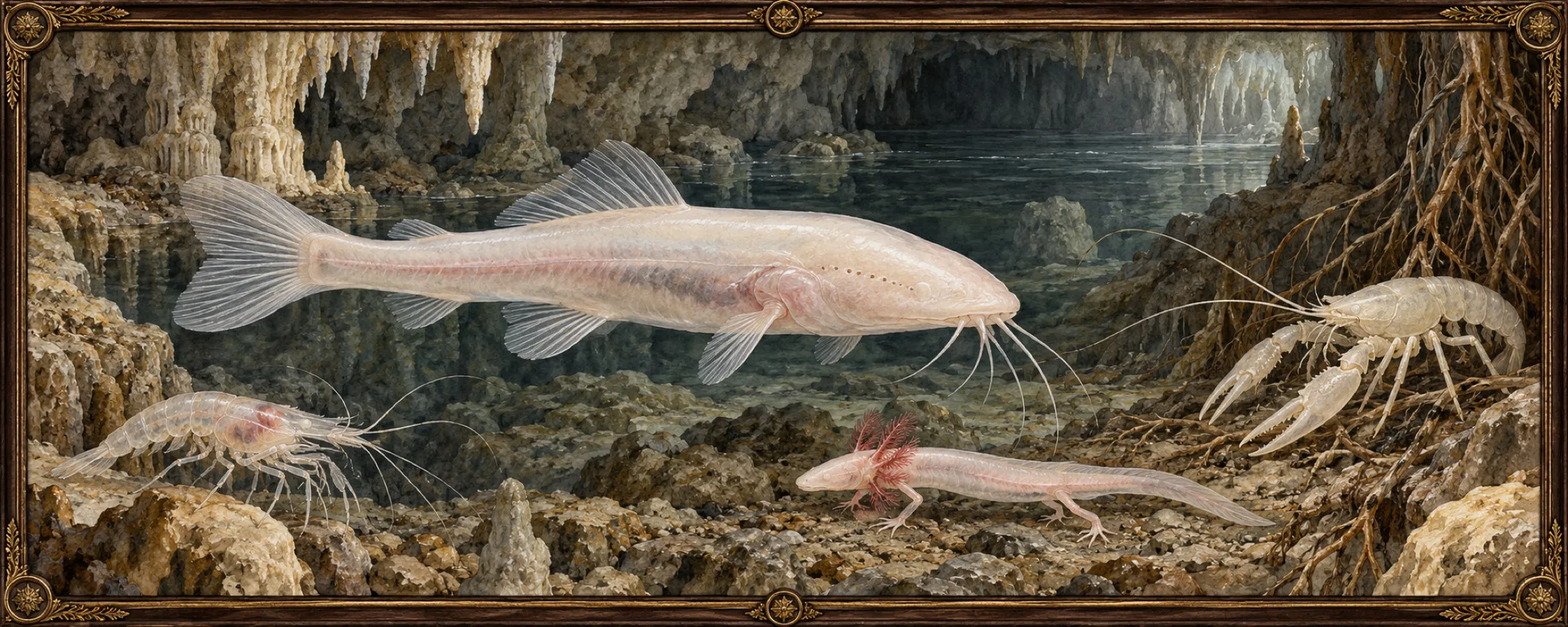 Pale Cave Creatures, a bestiary plate