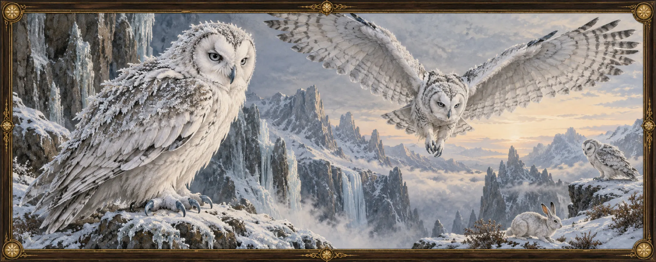 Hoar Owls, a bestiary plate