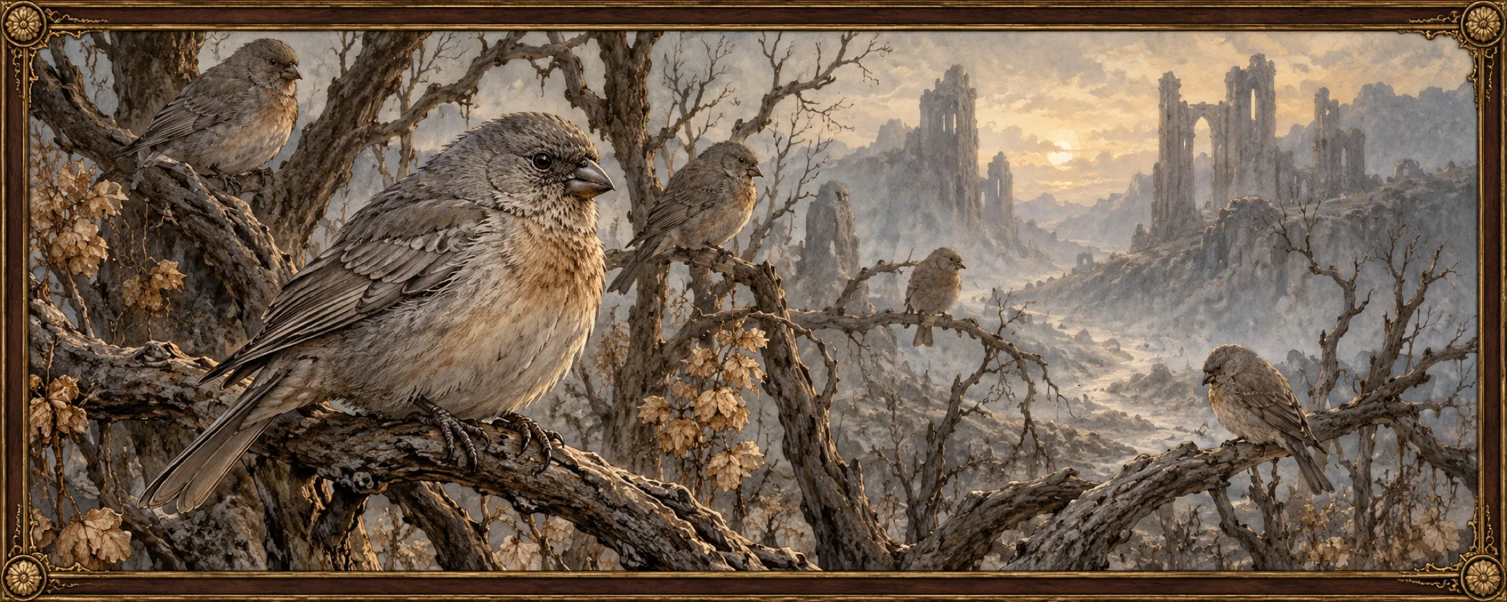 Last-Word Finches, a bestiary plate