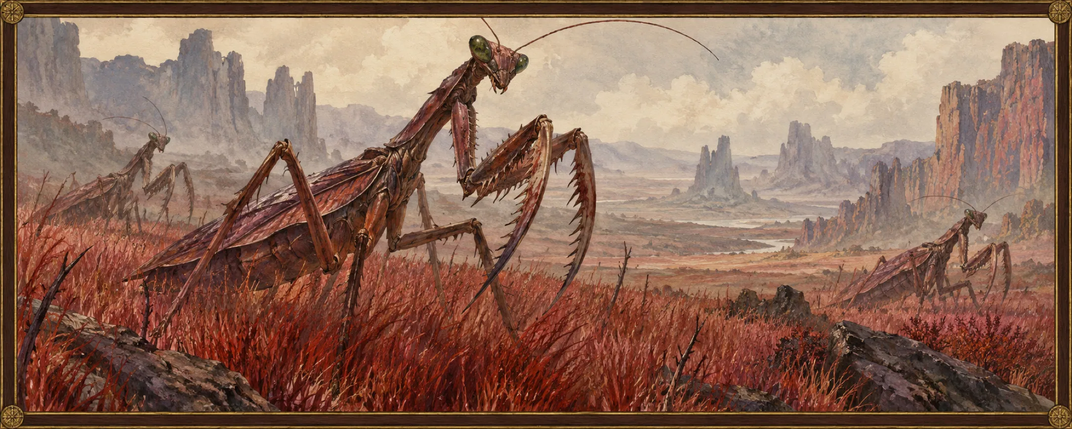 Scythe Mantises, a bestiary plate